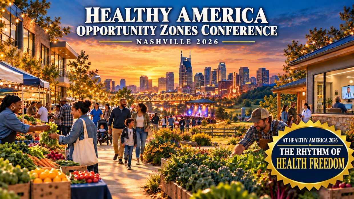 Community market scene promoting Healthy America Conference in Nashville 2026.