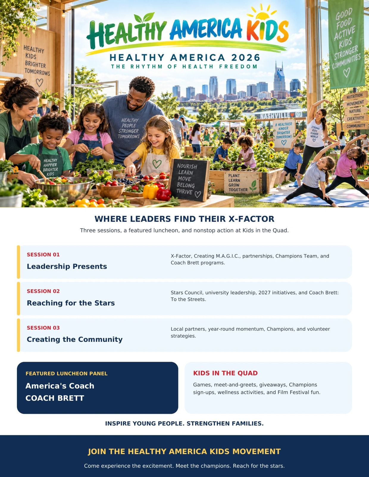 Healthy America Kids event with activities, sessions, and featured Coach Brett.