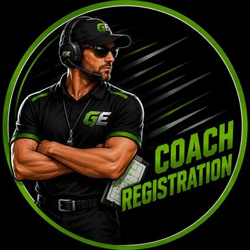 Strong coach with headset and clipboard, promoting registration.
