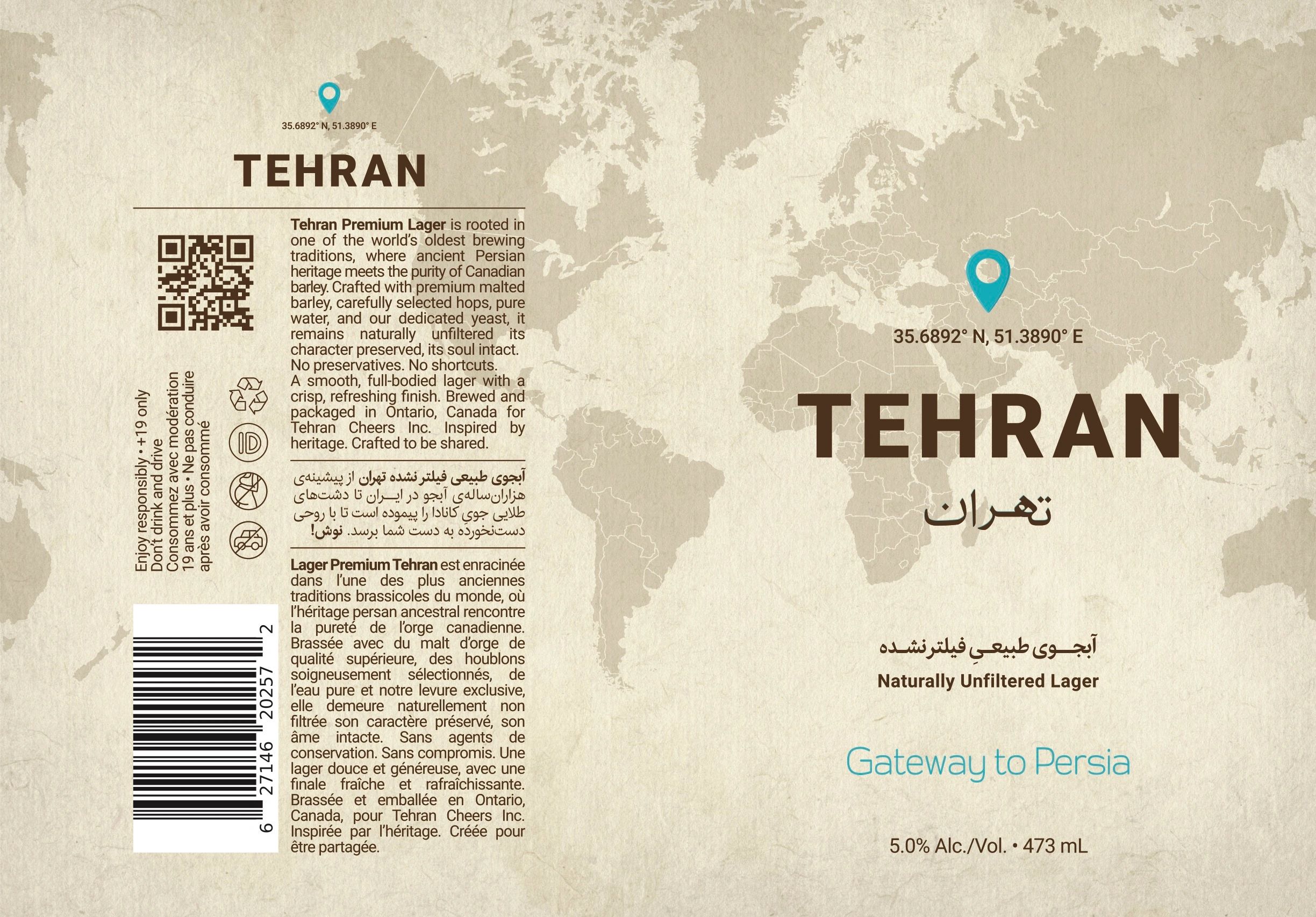 Tehran Premium Lager label highlighting its Persian heritage and Canadian brewing.