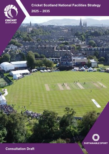 Cricket Scotland National Facilities Strategy cover with a cricket ground aerial view.