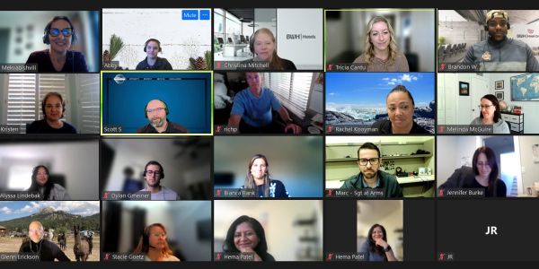 A group video conference call with multiple participants.