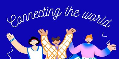 Illustration of diverse people joyfully connecting under the phrase 'Connecting the world'.