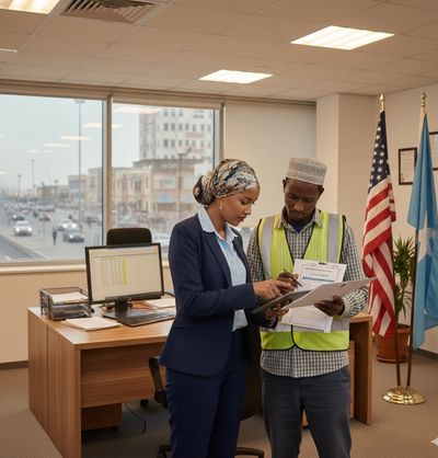 Two professionals discussing documents in an office with flags in the background.