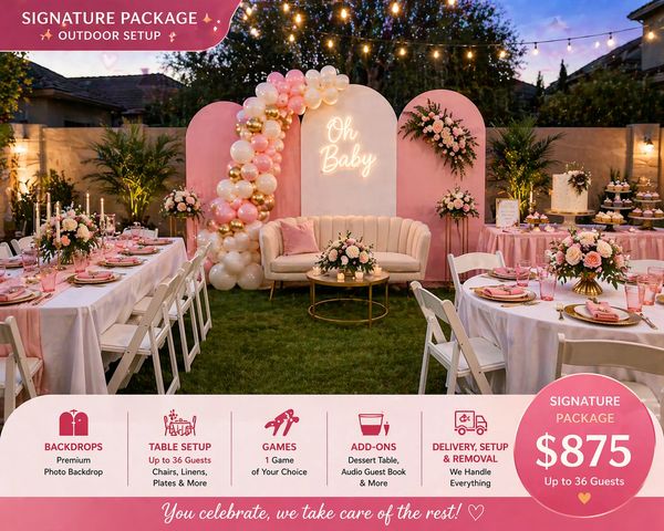 SIGNATURE PACKAGE- photo, backdrop, set ups, table, settings games for 36 party guests.