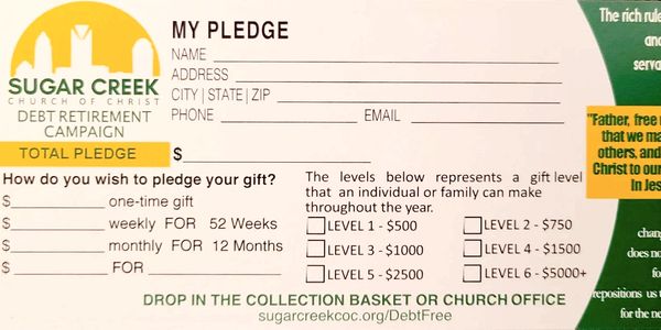 Pledge form for Sugar Creek Church debt retirement campaign.