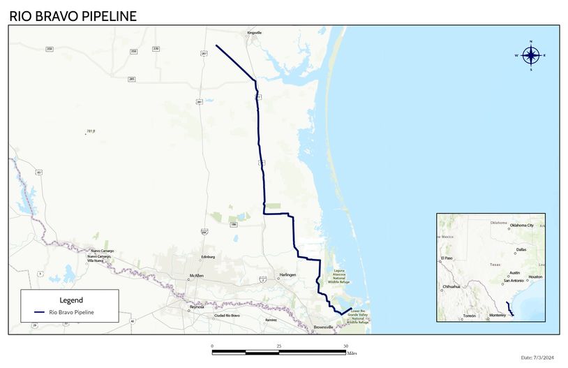 Map showing the path of the Rio Bravo Pipeline in Texas.