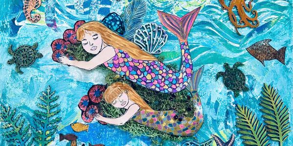 Mixed media illustration of two mermaids, fish, turtles and sea grass.