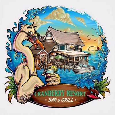 Colorful logo of Cranberry Resort Bar &amp; Grill with a pelican and waterfront house at sunset.