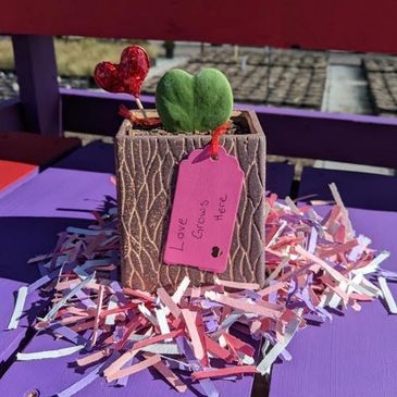 A small heart-shaped succulent in a decorative pot with a love note tag.