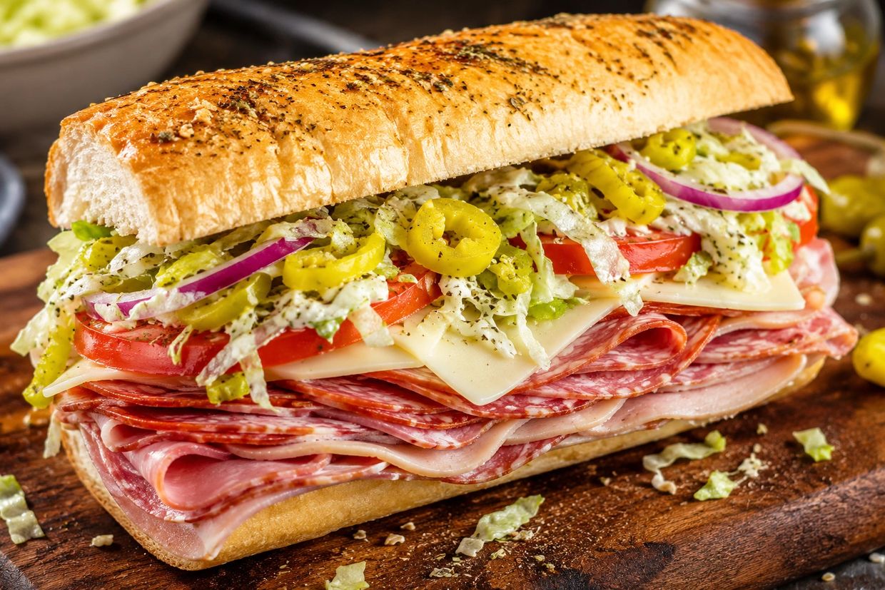 Delicious Italian sub sandwich with cold cuts and veggies.