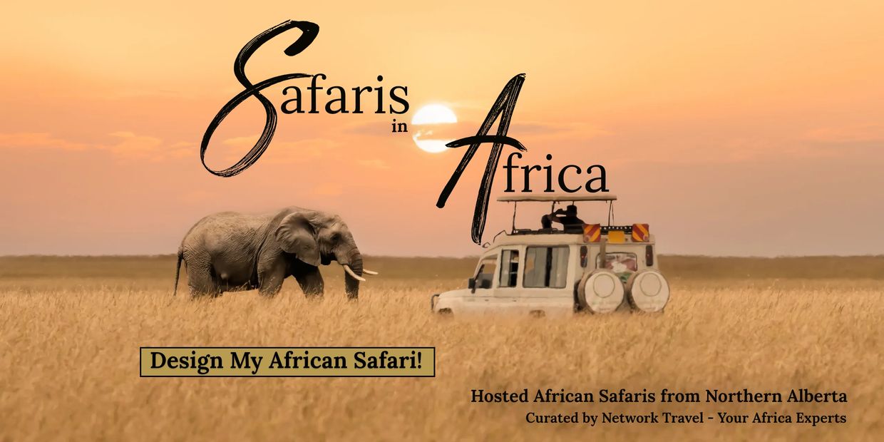 Safaris in Africa banner featuring an elephant and safari vehicle in Kenya
