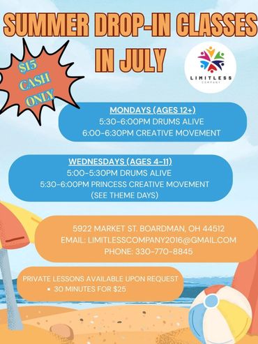 Summer drop-in classes for kids and teens in July, $15 cash only.