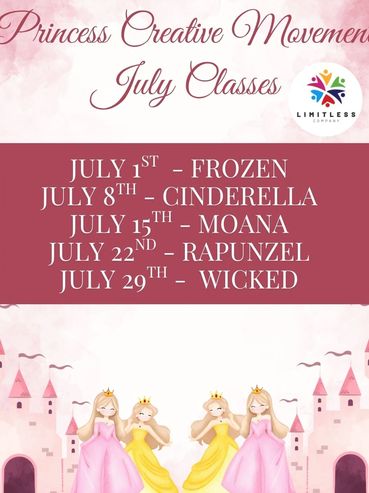 Princess Creative Movement July classes featuring Frozen, Cinderella, Moana, Rapunzel, and Wicked.