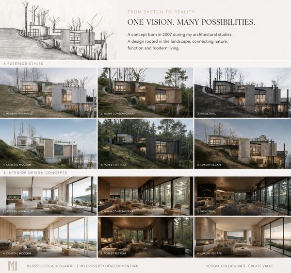 Architectural design concepts showcasing exterior and interior styles.