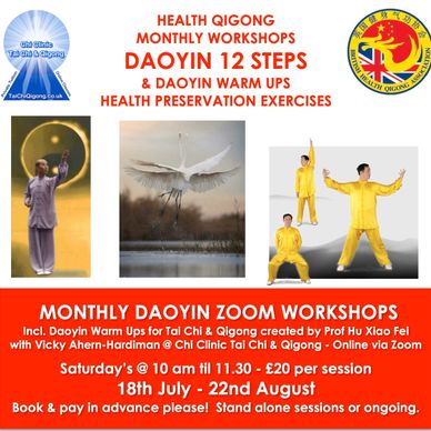 Flyer for monthly DaoYin Zoom workshops combining Tai Chi and Qigong exercises.