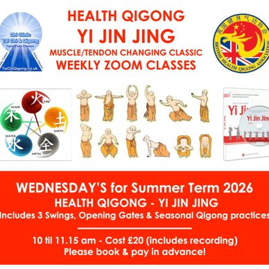 Poster for Health Qigong Yi Jin Jing weekly Zoom classes for Summer Term 2026.