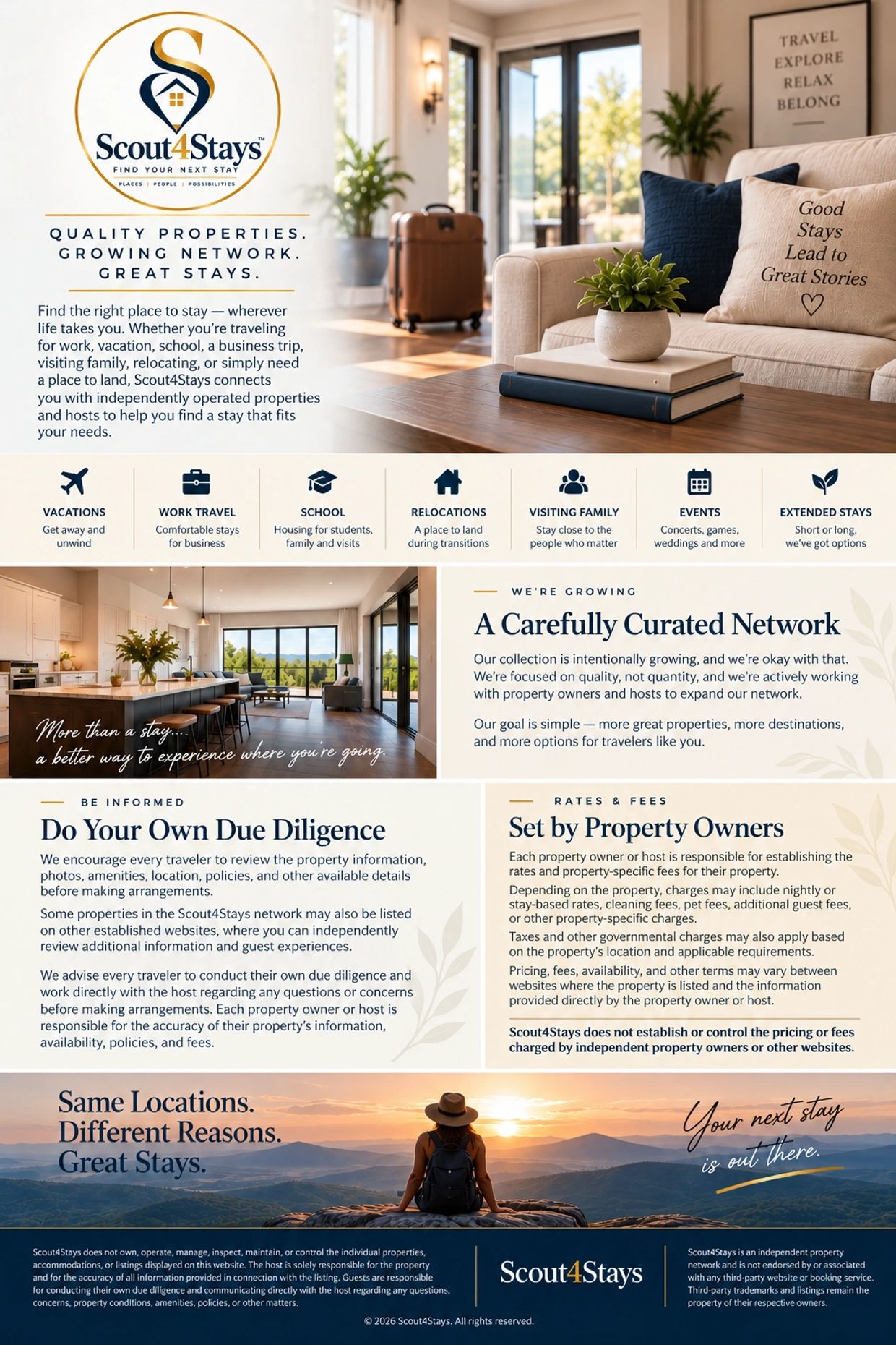 Scout4Stays offers quality property stays for vacations, work, school, relocations, and events.