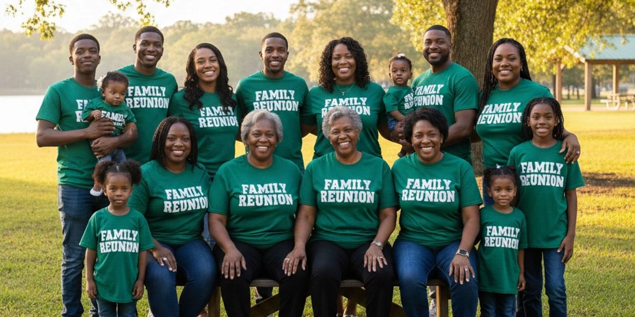 A joyful family reunion with members wearing matching green shirts outdoors.