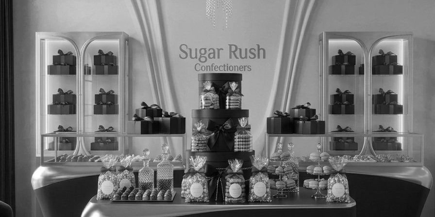Sugar Rush Confectioners, caramel popcorn, cookies, black gift boxes tied with deep purple ribbons