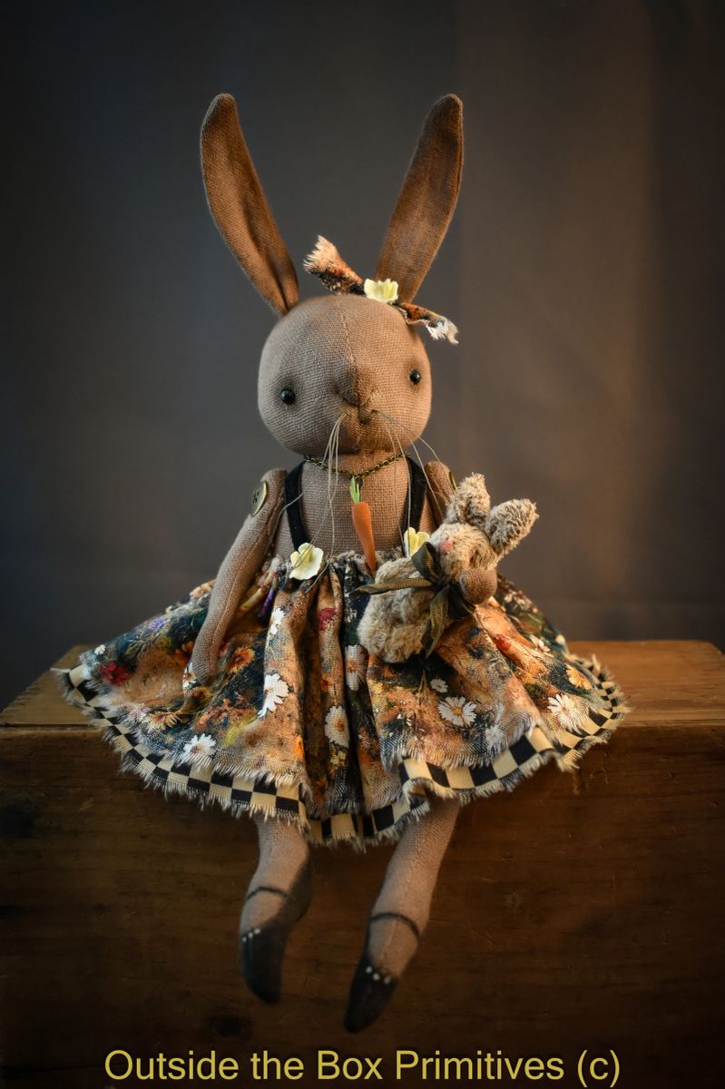 CLARA HOPPER (c) primitive rabbit doll/wildflower skirt, baby rabbit doll