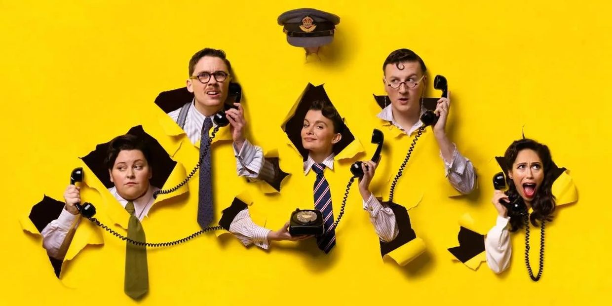 Five people with phones peeking through torn yellow paper against a bright yellow background.