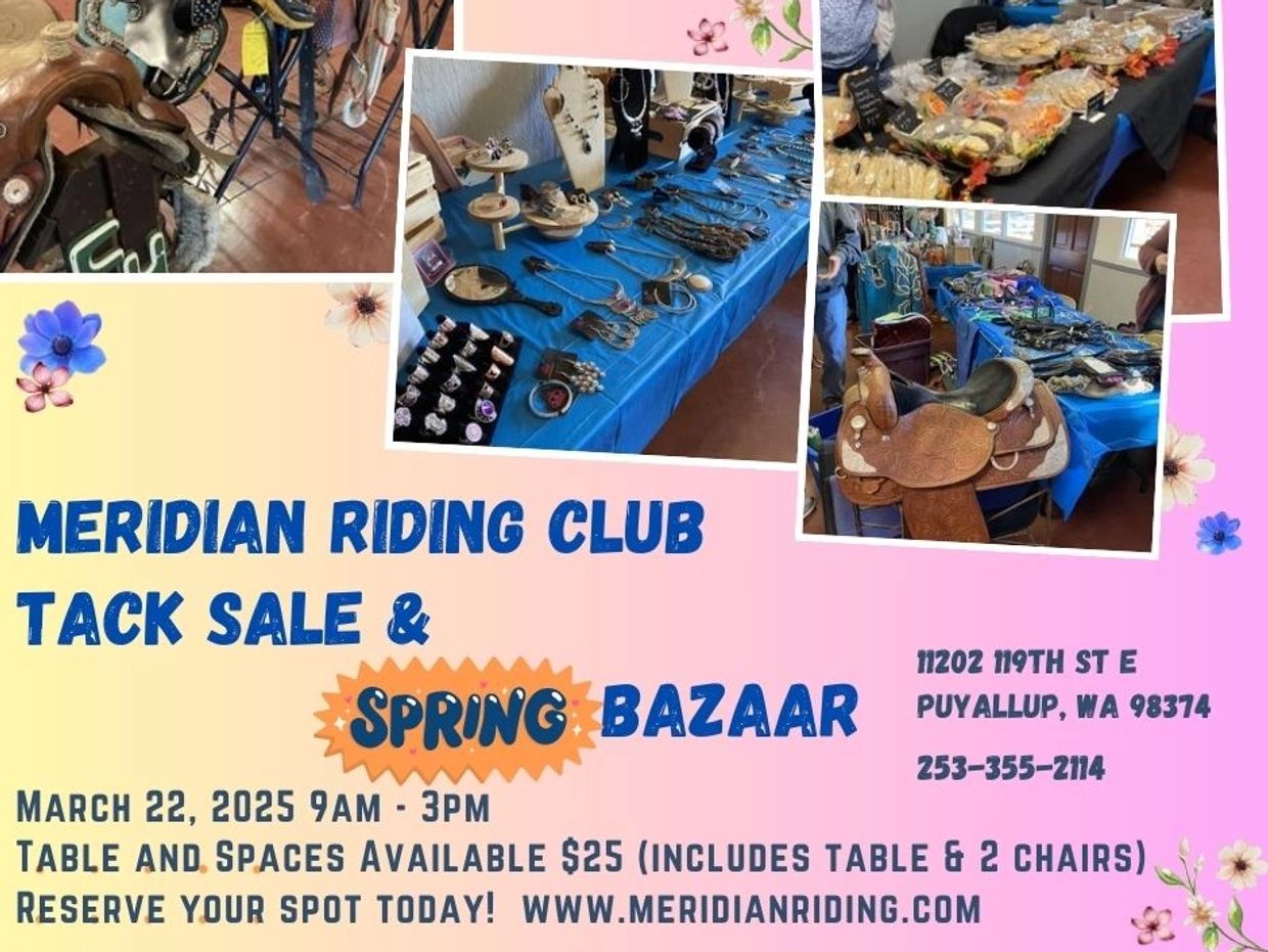 Meridian Riding Club Tack Sale &amp; Spring Bazaar event details with images of saddles and jewelry.
