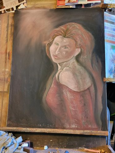 Pastel portrait of a woman with red hair and a red dress against a dark background.