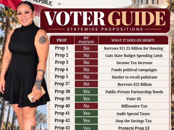 Woman standing next to a voter guide for statewide propositions.