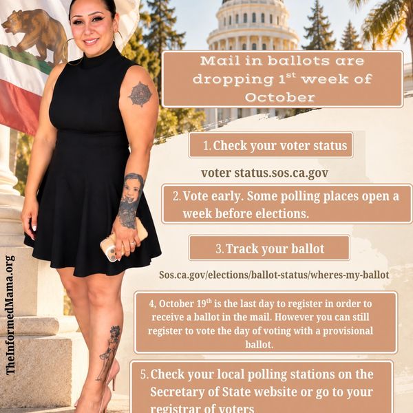 Informational image about mail-in ballots and voting in California.