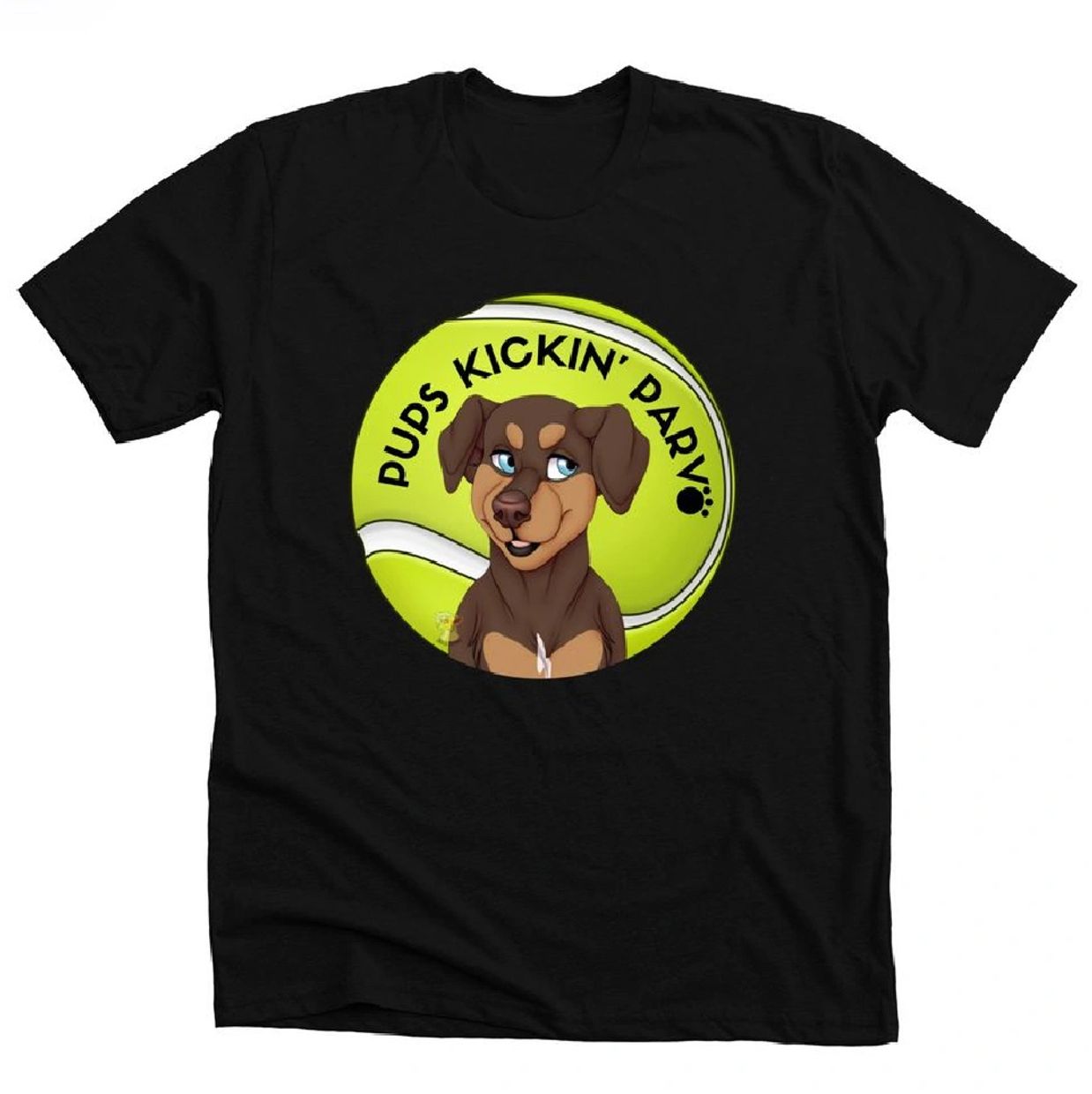 Black T-shirt with a cartoon dog and tennis ball design saying 'Pups Kickin' Parv'.