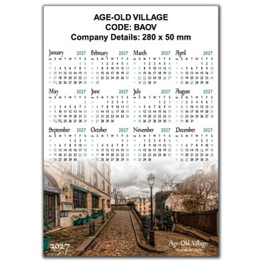 2027 calendar with a vintage village street scene and company details area.