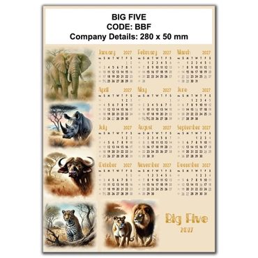 2027 Big Five calendar featuring elephant, rhino, buffalo, leopard, and lion images.
