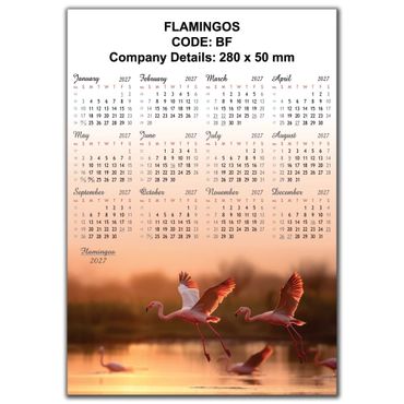 2027 calendar featuring flamingos with a serene sunset background.