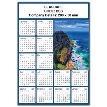A 2027 calendar featuring a seascape photo and company details space.