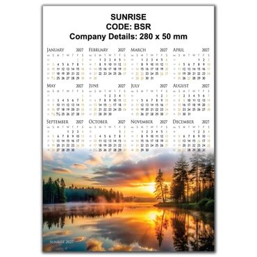 2027 calendar with a sunrise landscape at the bottom.