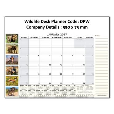 2027 wildlife-themed desk planner with animal images and calendar grid.