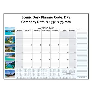 A January 2027 desk calendar with scenic beach photos on the side.