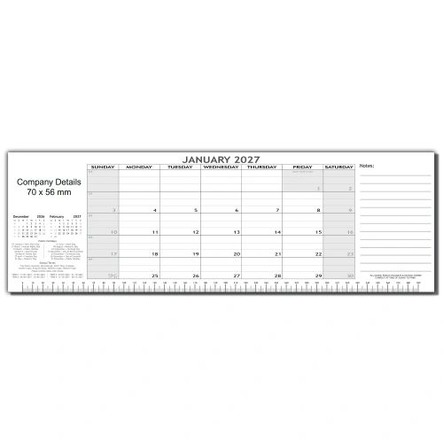Desk calendar for January 2027 with space for notes and company details.