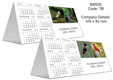 Birds tent or triangle calendar with photographs of birds and six months to view on each side.