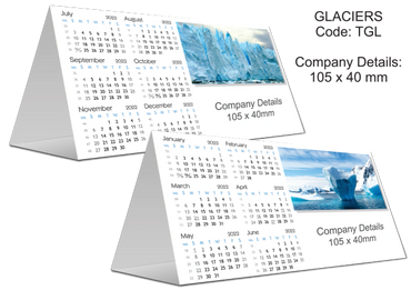 Glaciers tent or triangle calendar with a photograph of glaciers and six months to view on each side