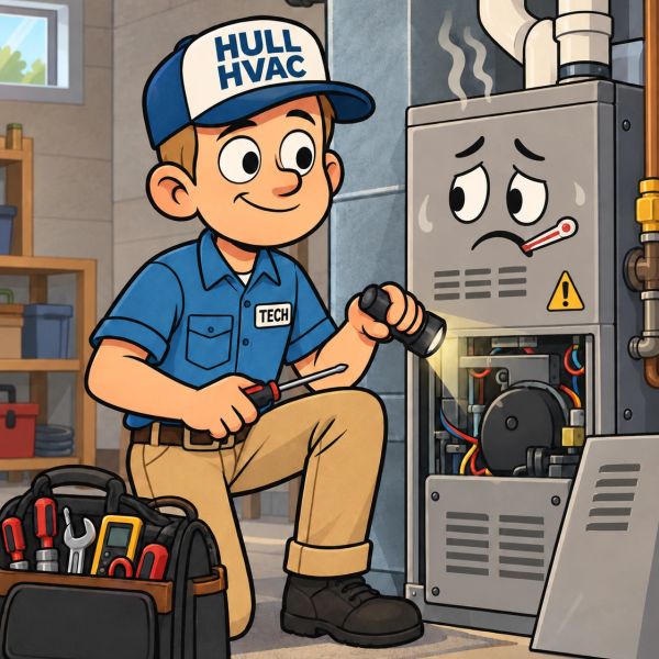 Technician fixing a sad-faced HVAC unit with a flashlight and tools.