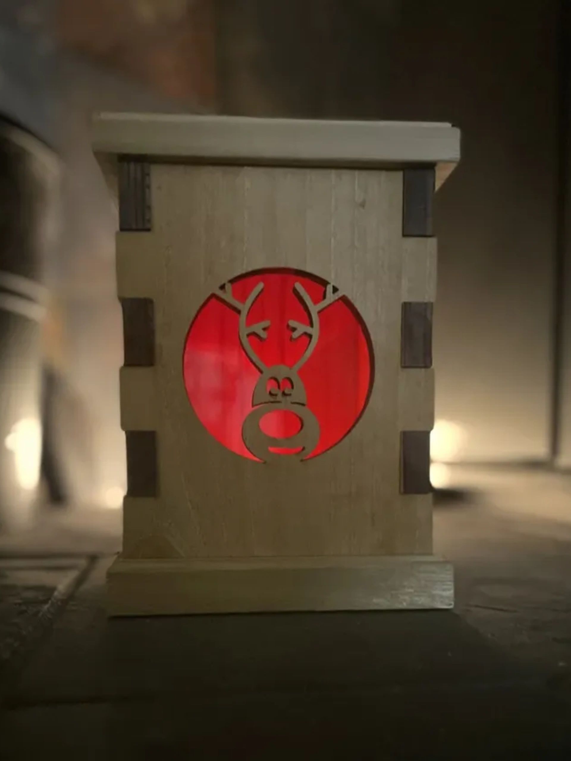 Custom wooden Christmas reindeer lantern created by Manifested Treasures