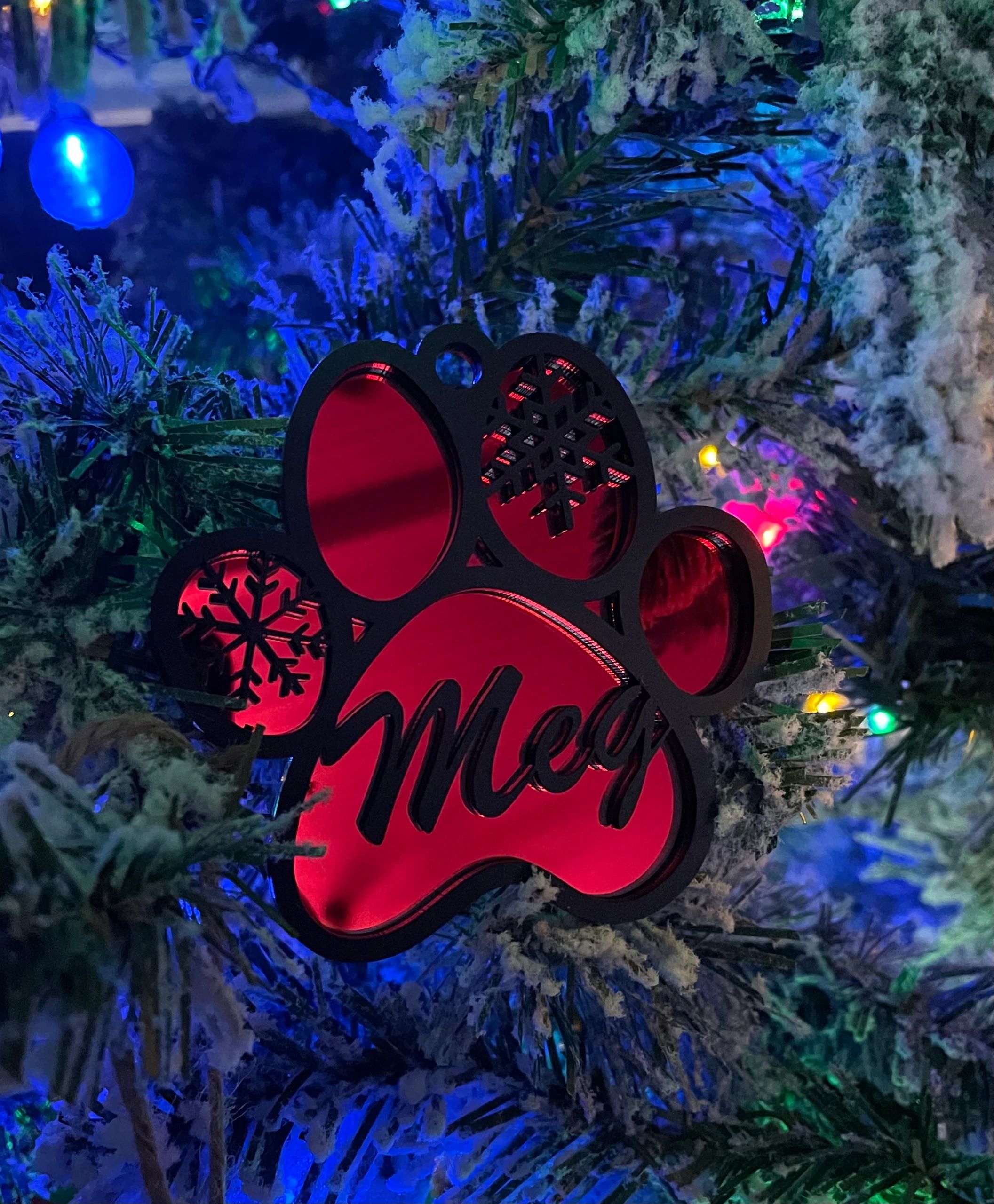 Custom mirrored acrylic Christmas Dog name ornament made by Manifested Treasures
