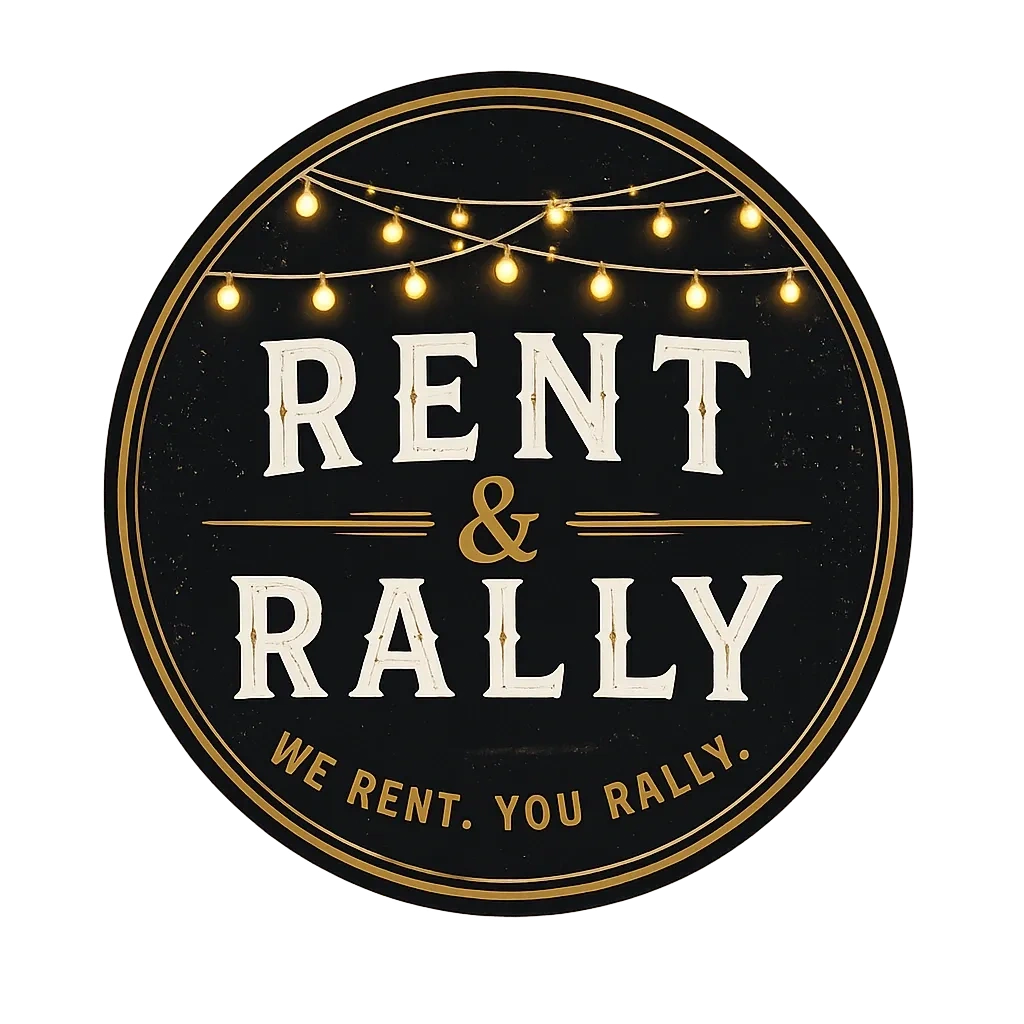 Vintage-style round logo with lights and text 'Rent & Rally'.