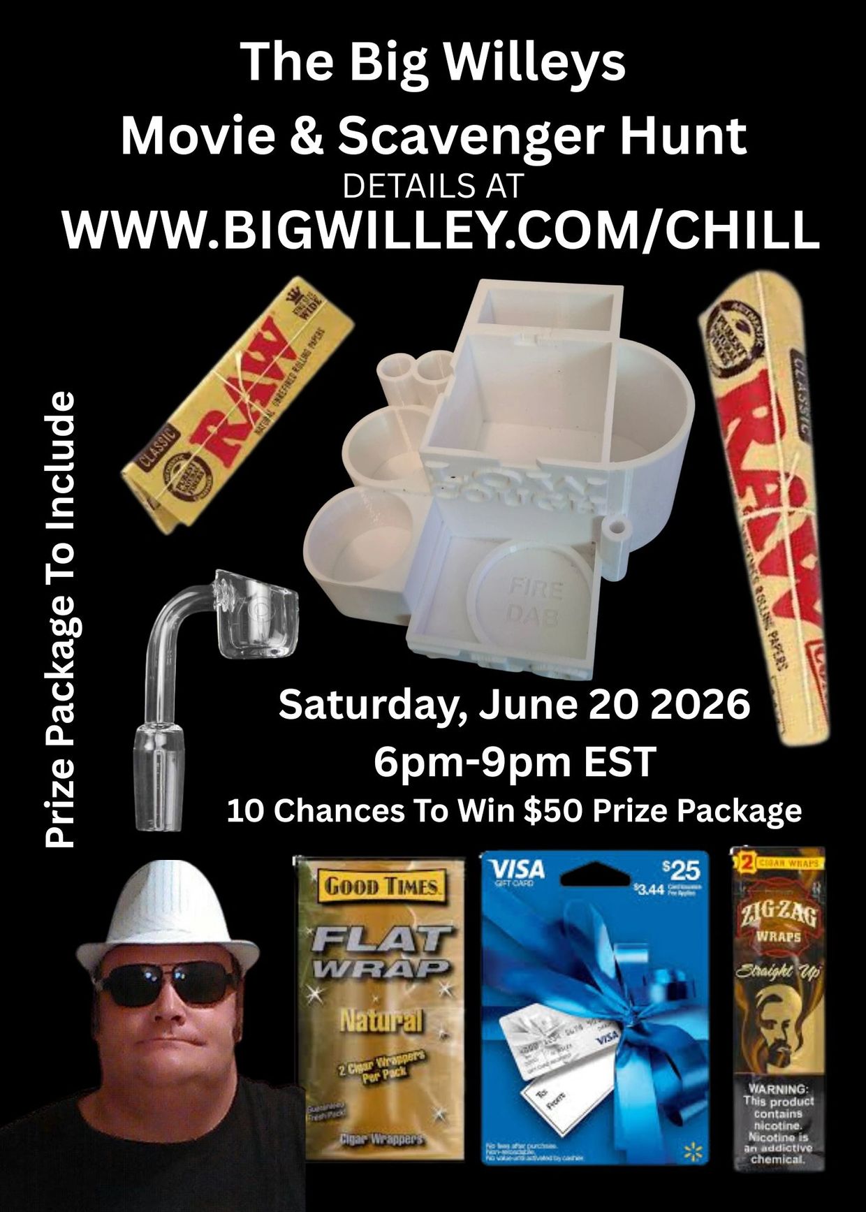 Big Willeys Movie &amp; Scavenger Hunt event with prize details and items shown.