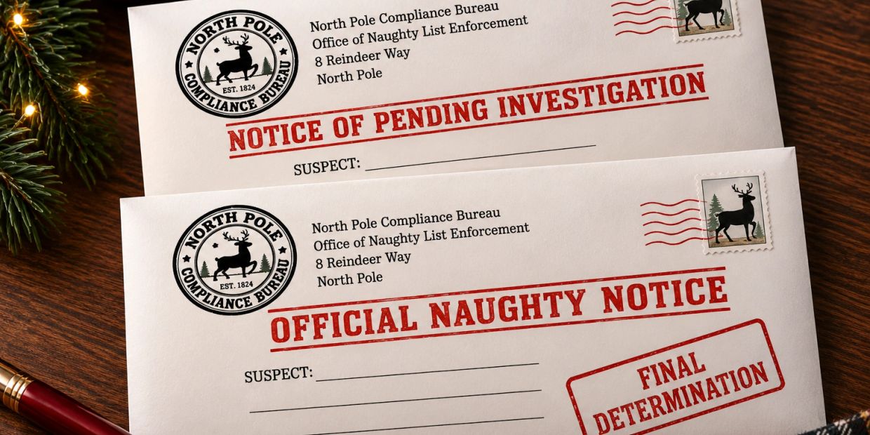 Letters from the North Pole Compliance Bureau about a naughty list.