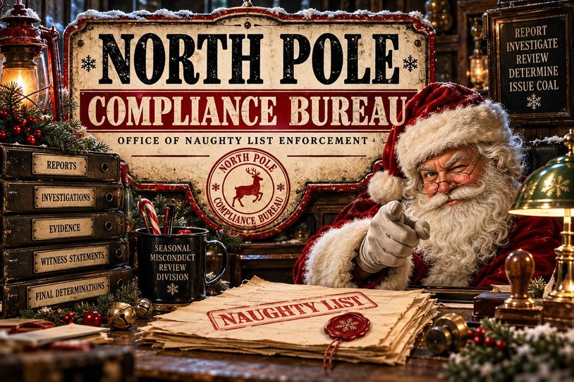 Santa at the North Pole Compliance Bureau with the Naughty List.