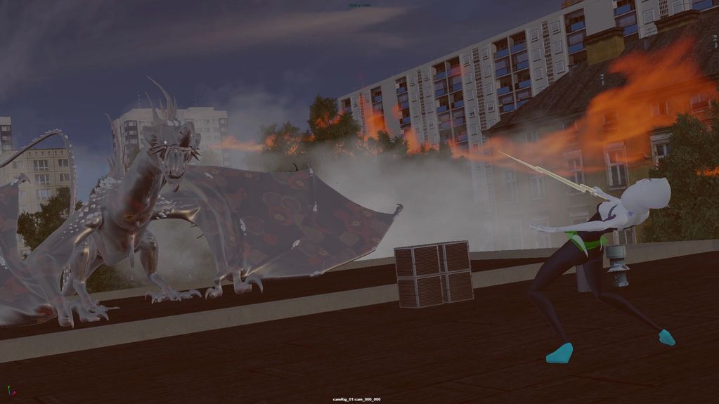 A figure with a sword faces a fire-breathing dragon on a rooftop.
