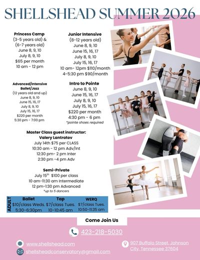 Flyer for Shellshead Summer 2026 dance camps and classes with schedule and contact info.